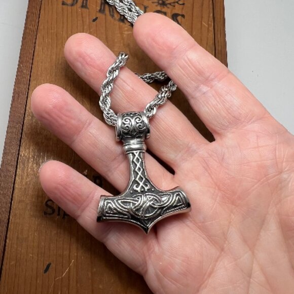 Viking Thor Hammer Pendant and Rope Chain Necklace - Picture 6 of 6